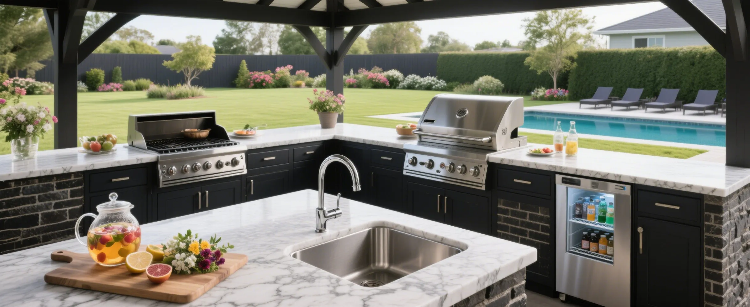 Corner kitchen sink with angled design in stainless steel, embedded in gray countertop with white cabinets, window with blinds, and wooden cutting board visible